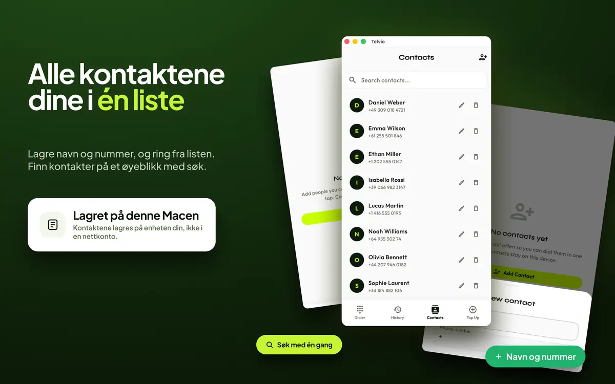 Kontakter-panelet i Telvio for Mac med en søkbar liste over lagrede navn og numre