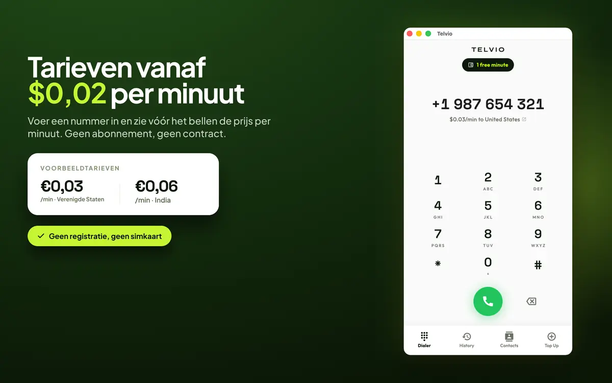 Telvio voor Mac met voorbeeldtarieven per minuut voor de Verenigde Staten en India naast het numerieke toetsenblok