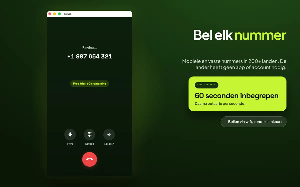 Telvio voor Mac tijdens een actief gesprek, met de status voor overgaan en knoppen voor dempen, het toetsenblok en de speaker