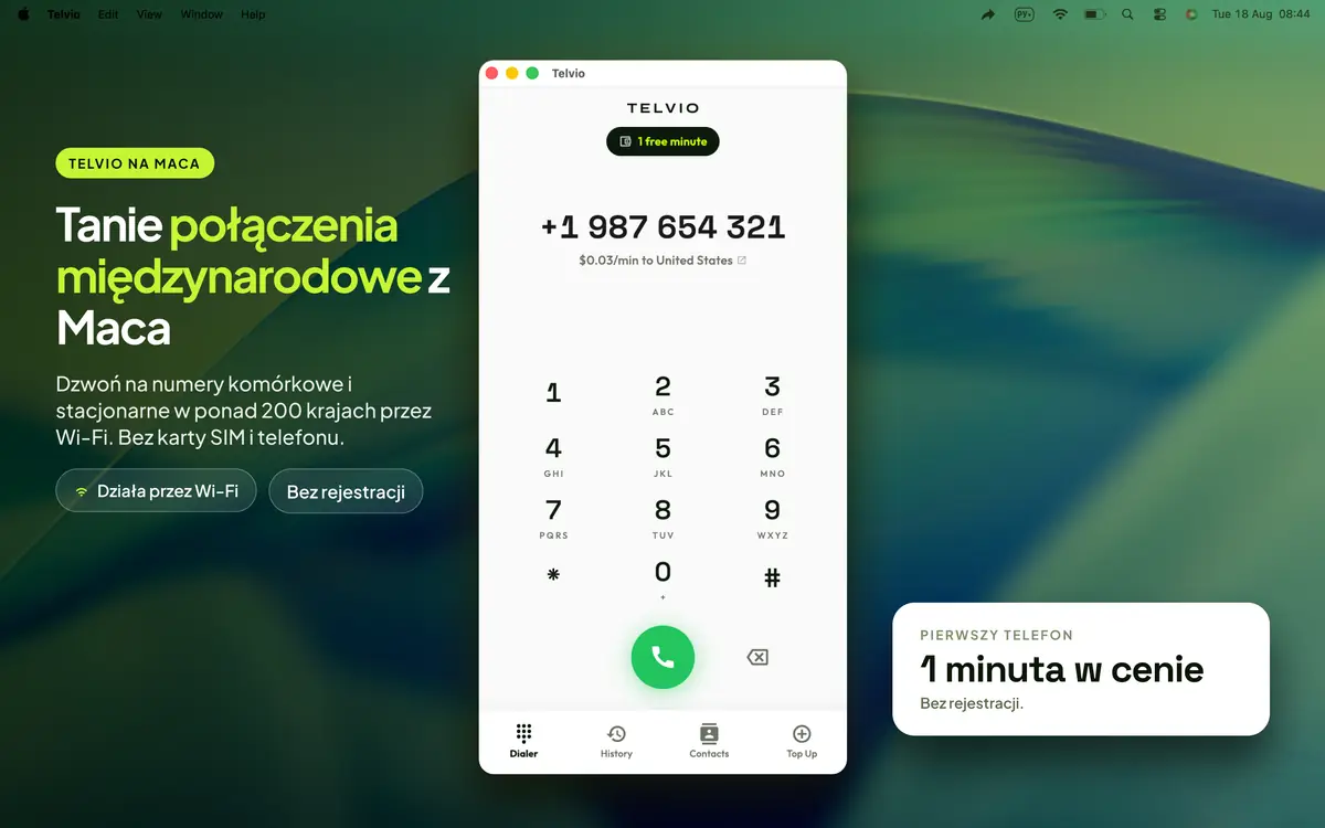 Okno Telvio na Macu na pulpicie, z klawiaturą numeryczną, numerem z USA i stawką za minutę