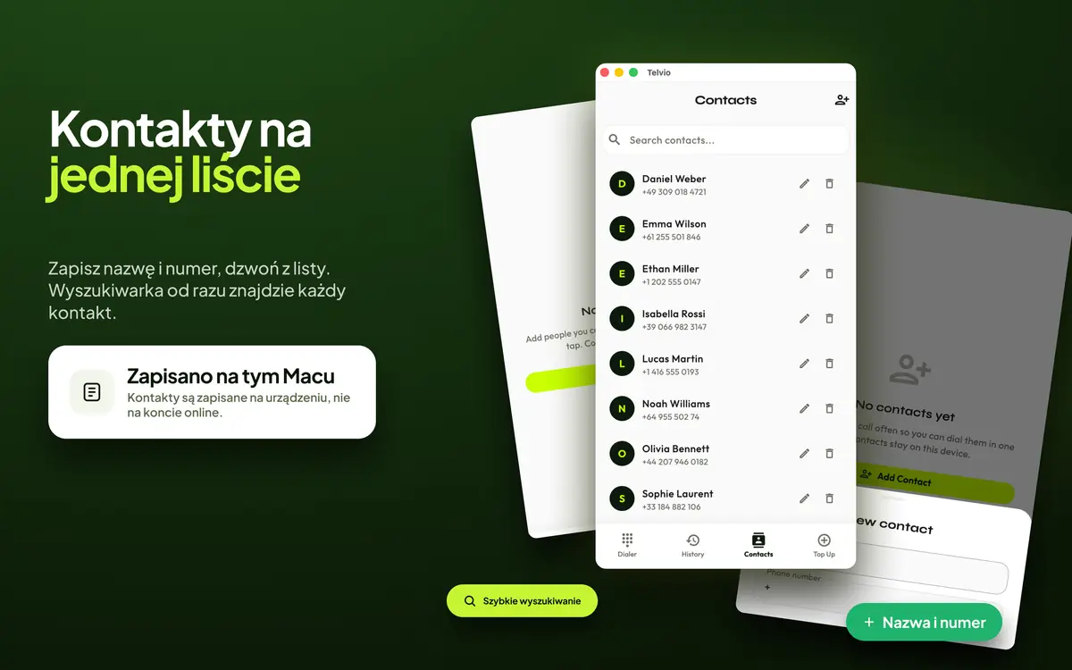 Panel kontaktów Telvio na Macu z listą zapisanych nazw i numerów, którą można przeszukiwać