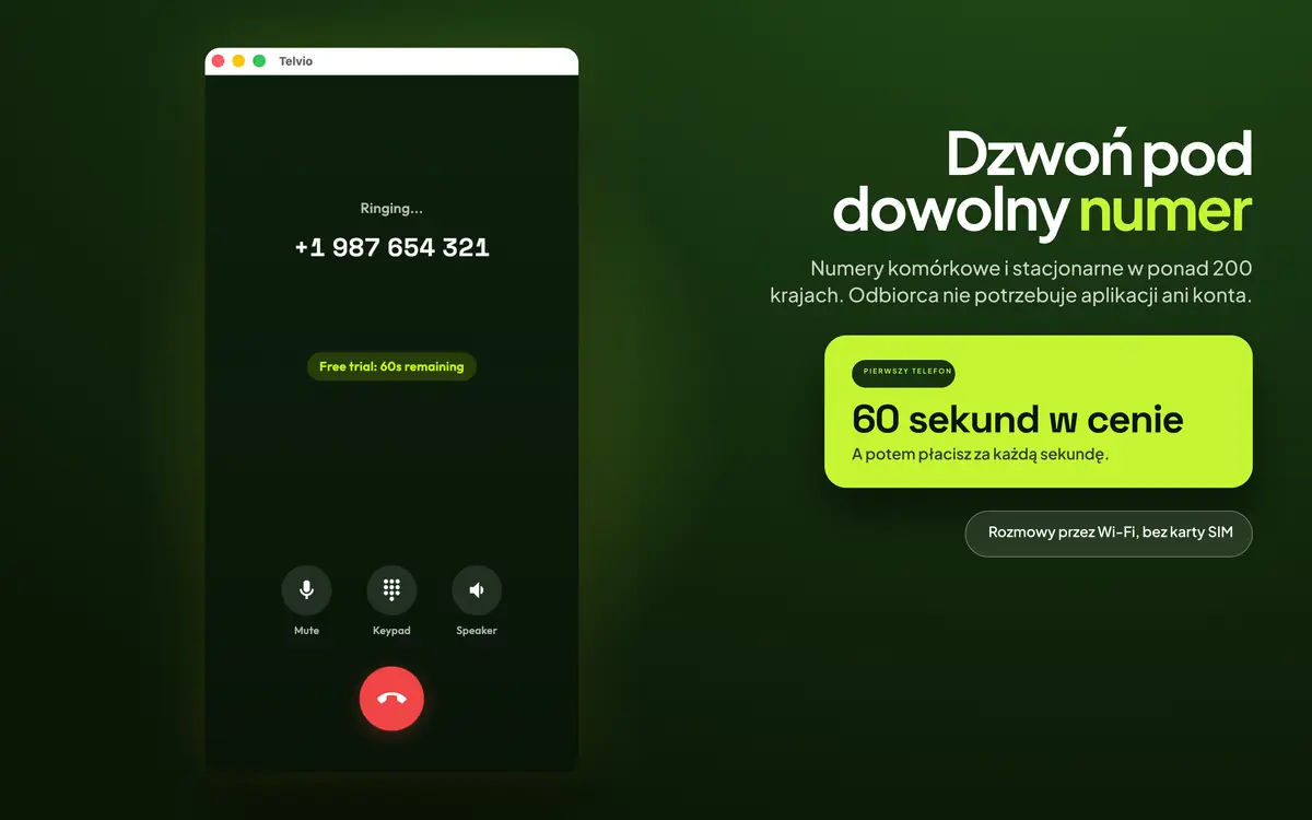 Telvio na Macu podczas trwającego połączenia, pokazujące stan dzwonienia oraz przyciski wyciszania, klawiatury numerycznej i głośnika