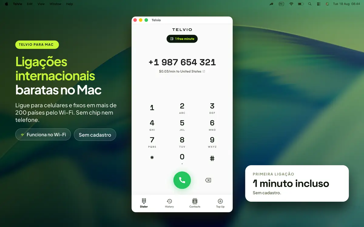 Janela do Telvio para Mac em uma área de trabalho, mostrando o teclado numérico com um número dos EUA e sua tarifa por minuto