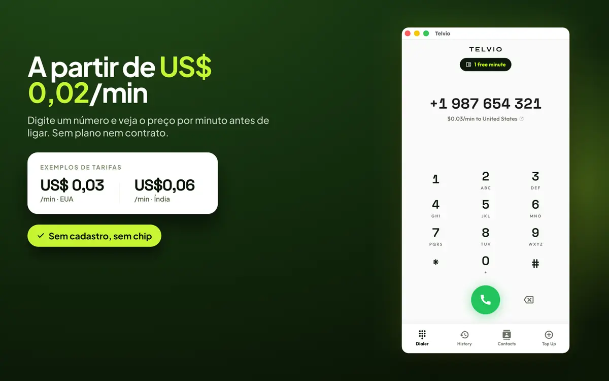 Telvio para Mac mostrando tarifas por minuto de exemplo para os Estados Unidos e a Índia ao lado do teclado numérico