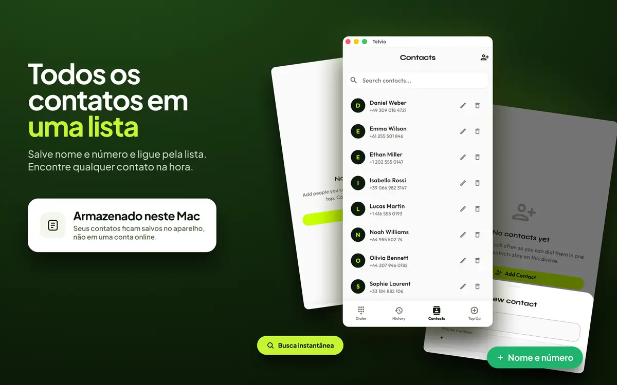 Painel de contatos do Telvio para Mac com uma lista pesquisável de nomes e números salvos