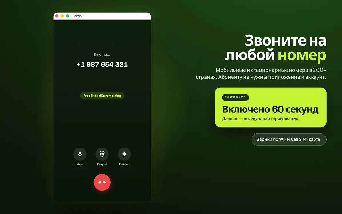 Telvio для Mac во время звонка: отображается состояние вызова с кнопками отключения микрофона, клавиатуры и динамика