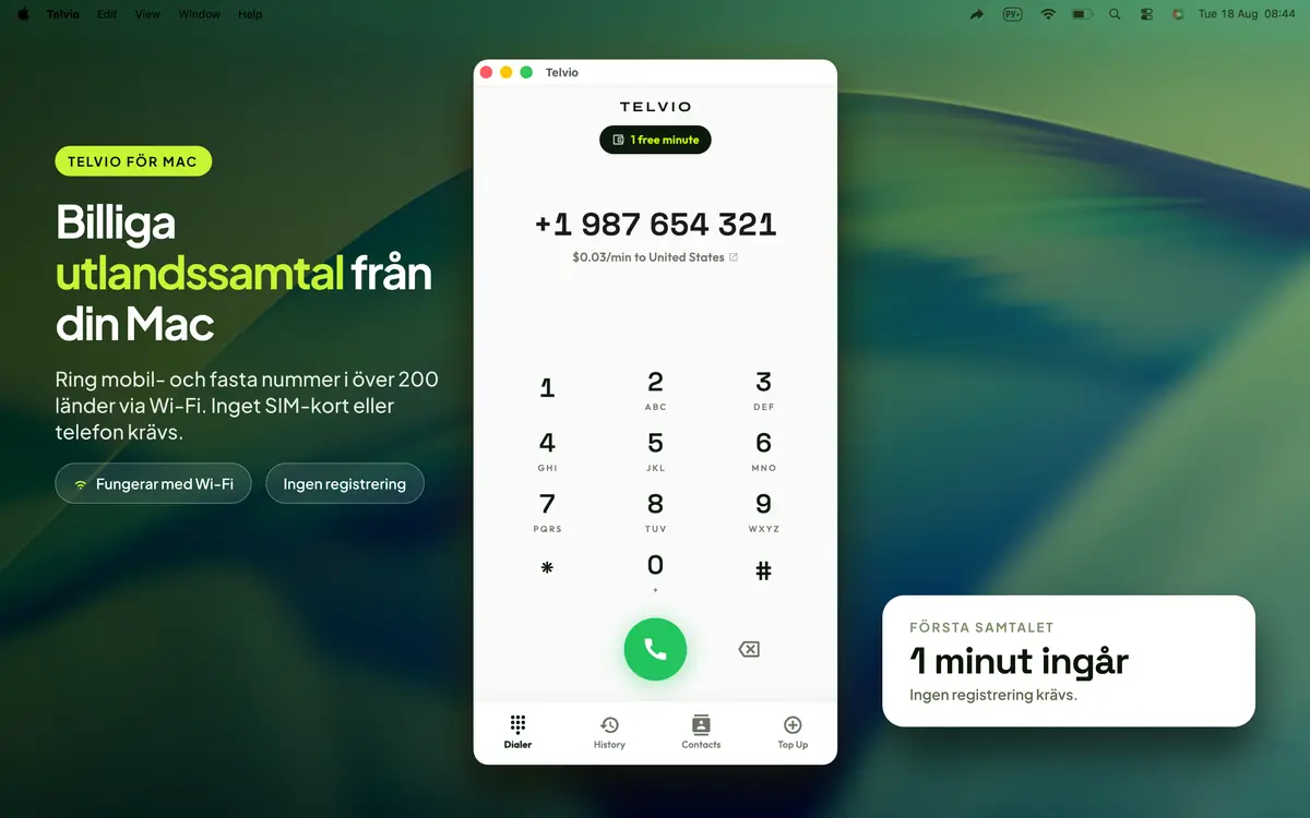 Telvio för Mac i ett fönster på skrivbordet med knappsatsen, ett amerikanskt nummer och minutpriset för numret
