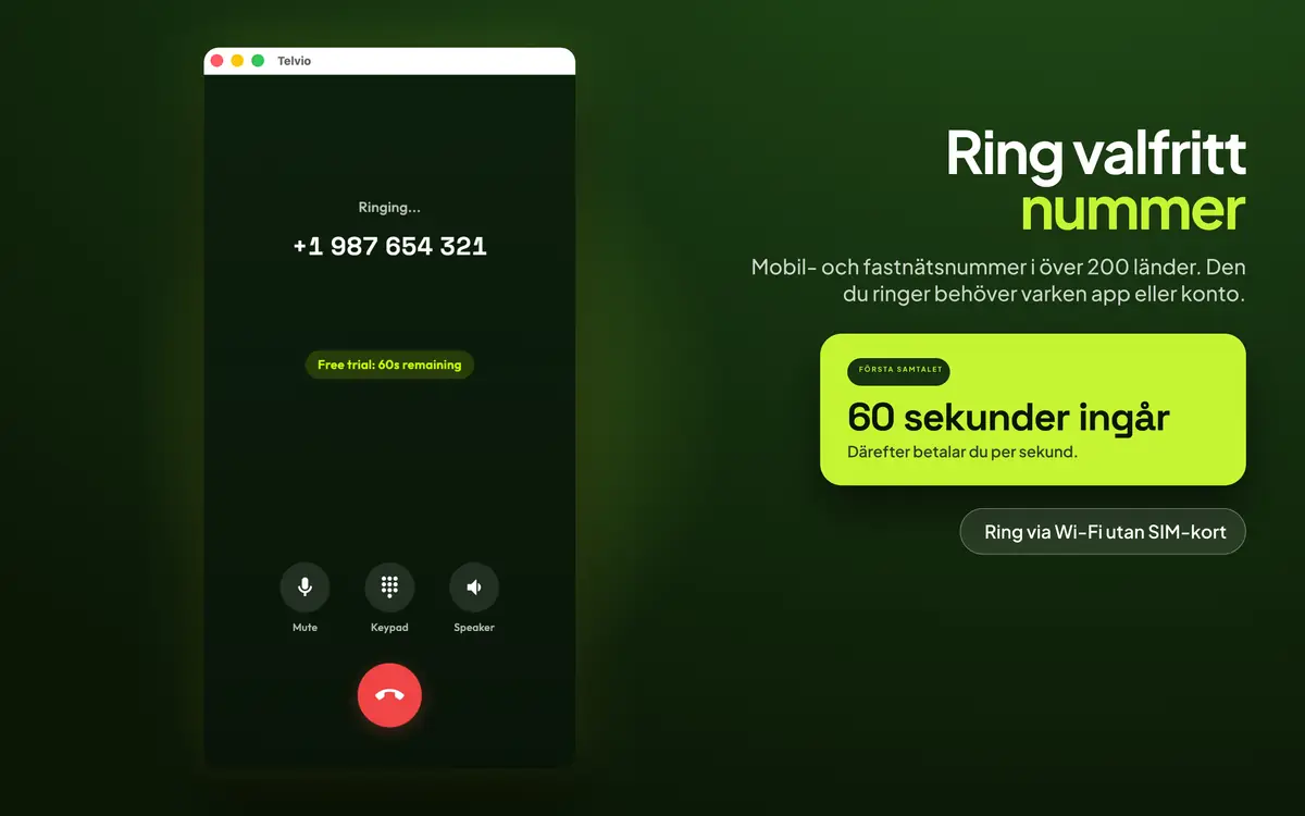 Telvio för Mac under ett pågående samtal, med kontroller för ljud av, knappsats och högtalare