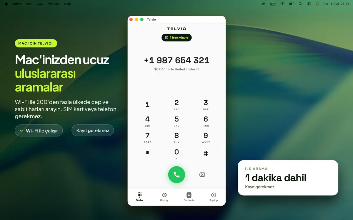 Masaüstünde, tuş takımında ABD numarası ve dakika başına ücreti gösteren Telvio for Mac penceresi