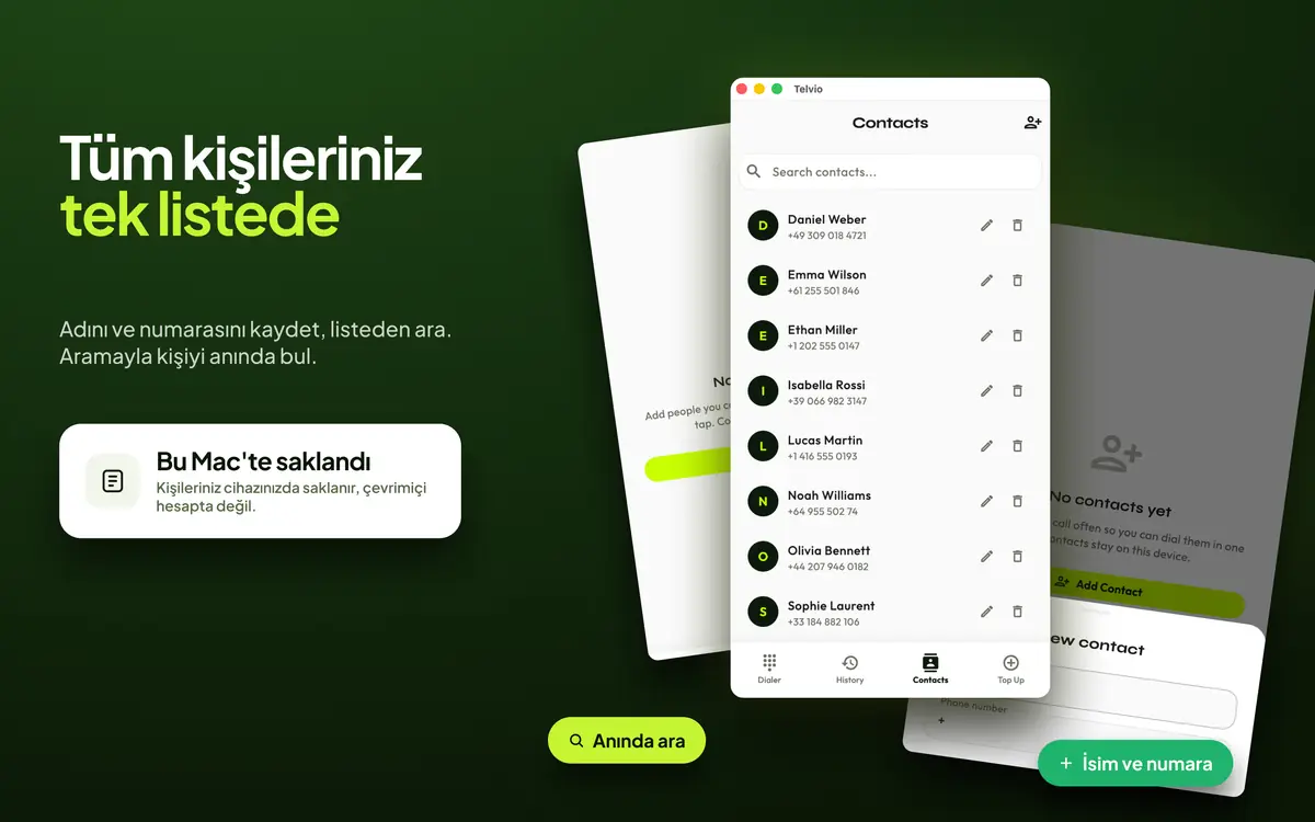 Kayıtlı ad ve numaralardan oluşan, aranabilir bir liste içeren Telvio for Mac kişiler bölmesi