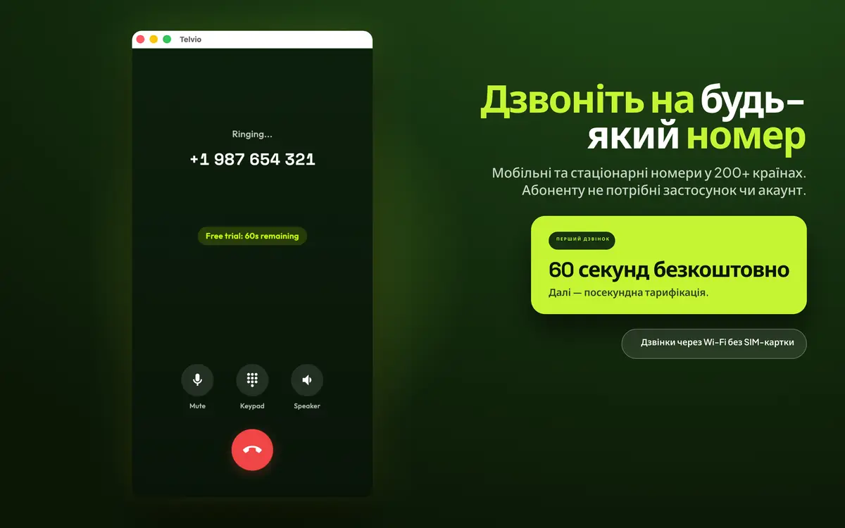 Telvio для Mac під час активного дзвінка показує стан виклику з елементами керування вимкненням мікрофона, цифровою клавіатурою та динаміком