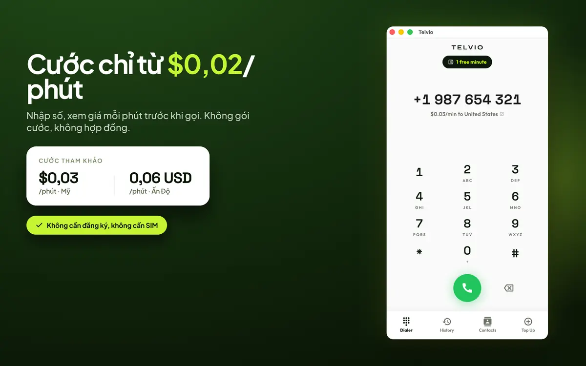 Telvio cho Mac hiển thị cước mỗi phút mẫu đến Hoa Kỳ và Ấn Độ bên cạnh bàn phím số