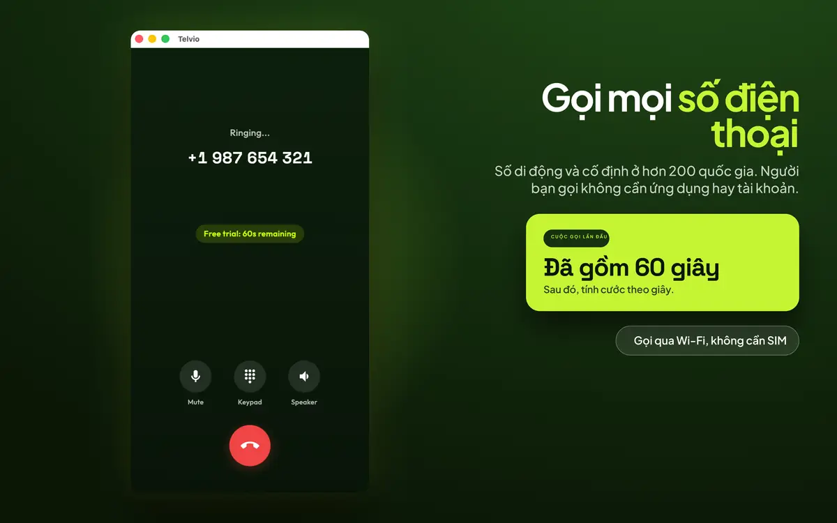 Telvio cho Mac trong một cuộc gọi đang diễn ra, hiển thị trạng thái đổ chuông cùng các nút tắt tiếng, bàn phím số và loa